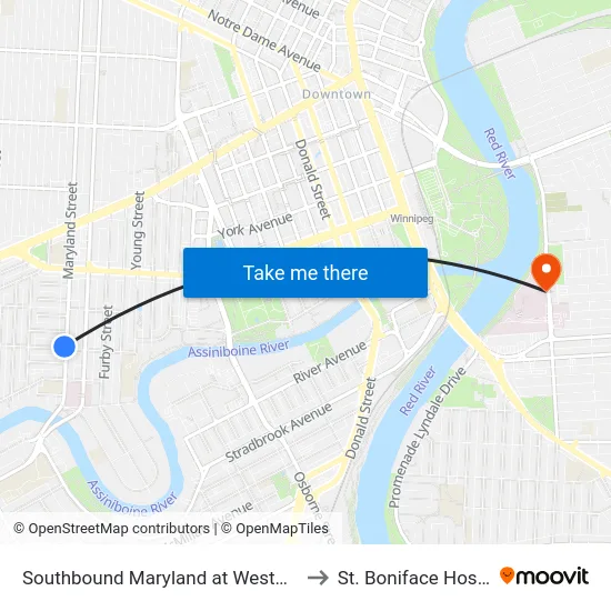 Southbound Maryland at Westminster to St. Boniface Hospital map