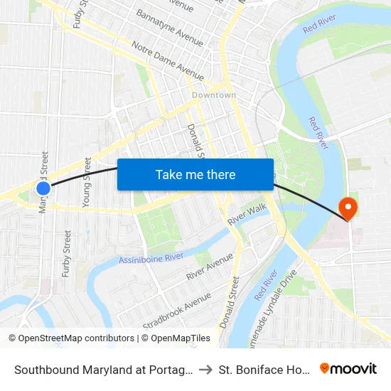 Southbound Maryland at Portage South to St. Boniface Hospital map