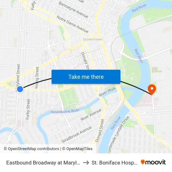 Eastbound Broadway at Maryland to St. Boniface Hospital map