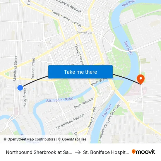 Northbound Sherbrook at Sara to St. Boniface Hospital map