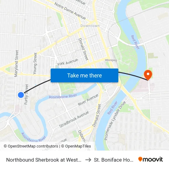 Northbound Sherbrook at Westminster to St. Boniface Hospital map