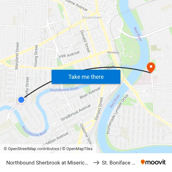 Northbound Sherbrook at Misericordia Health Ctr to St. Boniface Hospital map