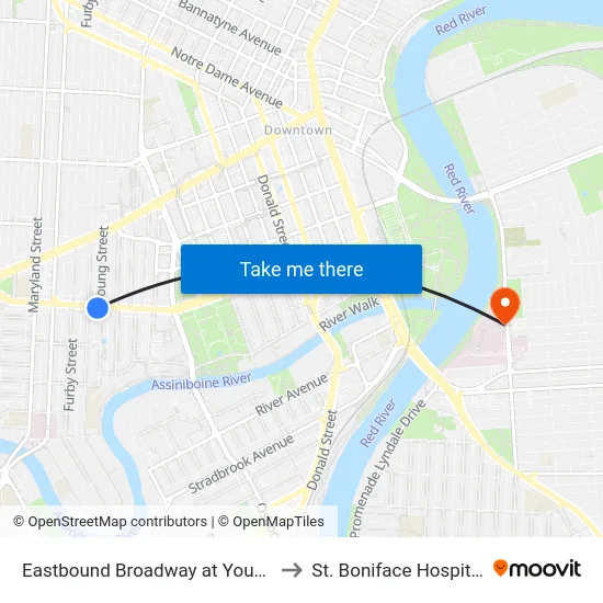 Eastbound Broadway at Young to St. Boniface Hospital map