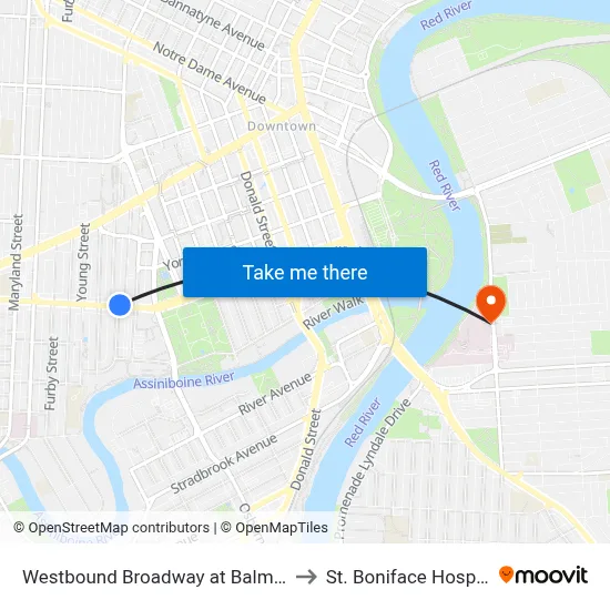 Westbound Broadway at Balmoral to St. Boniface Hospital map