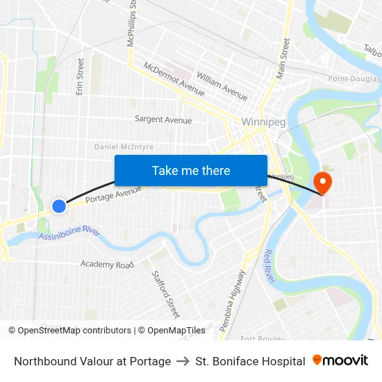 Northbound Valour at Portage to St. Boniface Hospital map