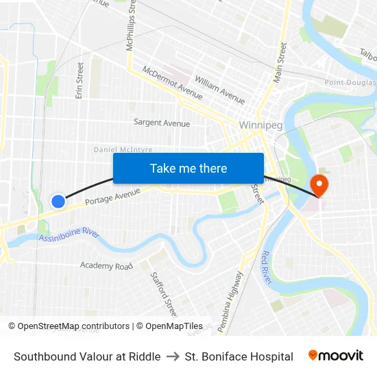 Southbound Valour at Riddle to St. Boniface Hospital map