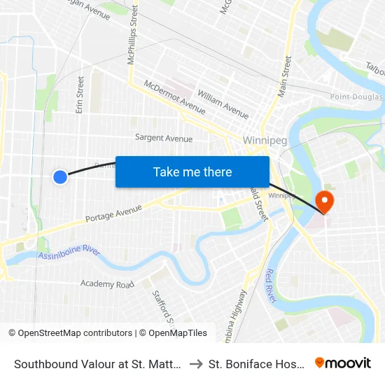 Southbound Valour at St. Matthews to St. Boniface Hospital map