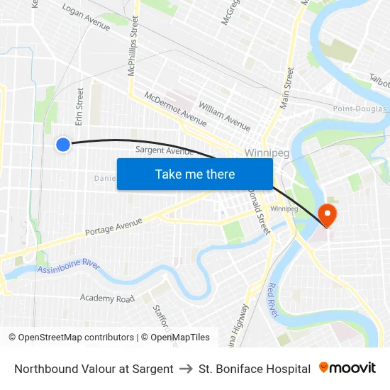 Northbound Valour at Sargent to St. Boniface Hospital map