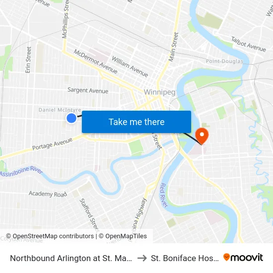 Northbound Arlington at St. Matthews to St. Boniface Hospital map