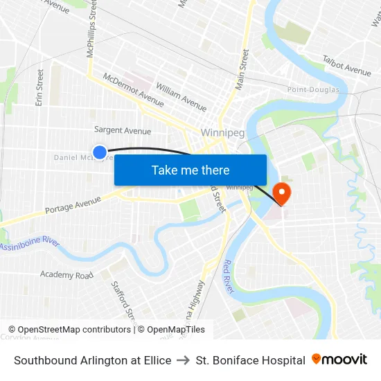 Southbound Arlington at Ellice to St. Boniface Hospital map