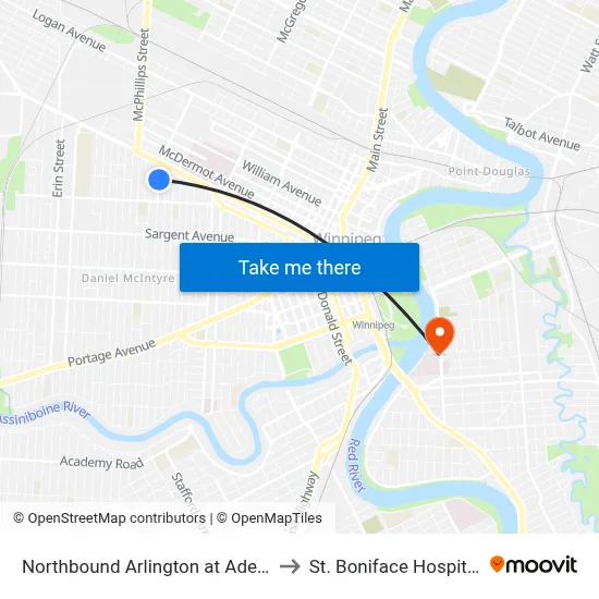 Northbound Arlington at Adele to St. Boniface Hospital map