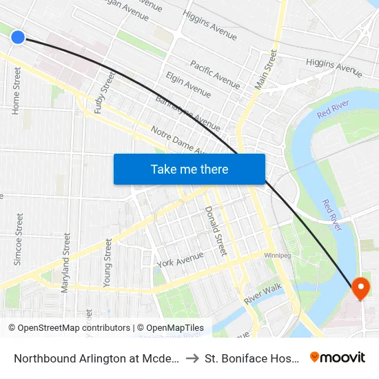 Northbound Arlington at Mcdermot to St. Boniface Hospital map