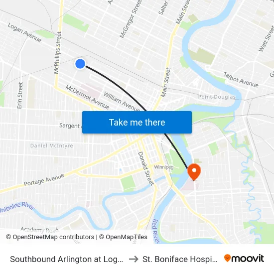 Southbound Arlington at Logan to St. Boniface Hospital map