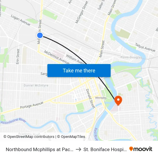 Northbound Mcphillips at Pacific to St. Boniface Hospital map