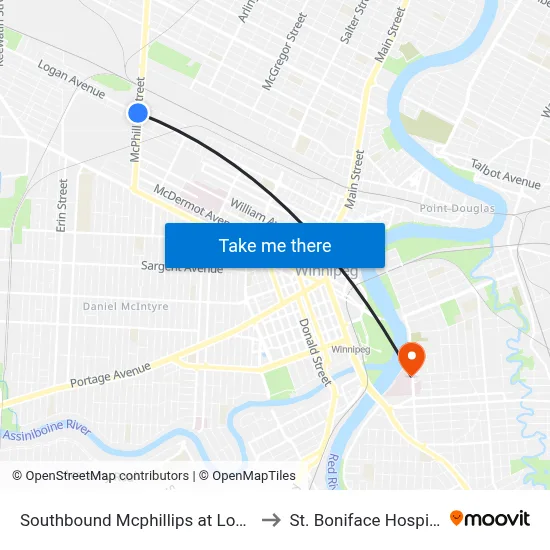 Southbound Mcphillips at Logan to St. Boniface Hospital map