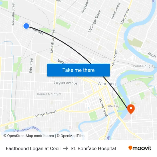Eastbound Logan at Cecil to St. Boniface Hospital map