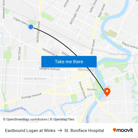 Eastbound Logan at Winks to St. Boniface Hospital map