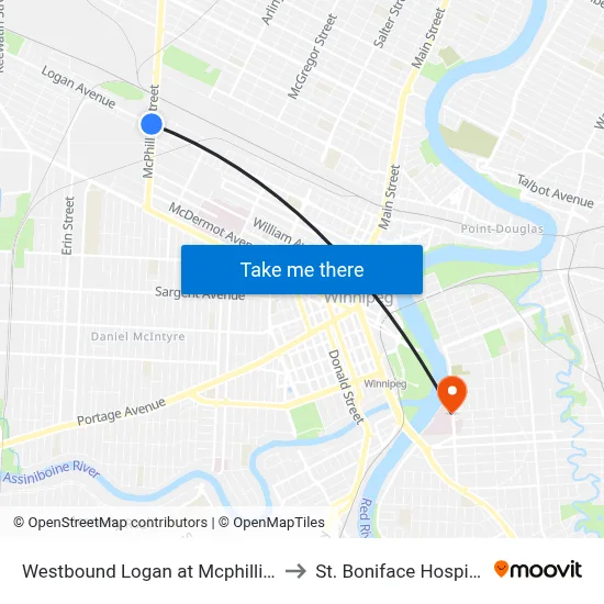 Westbound Logan at Mcphillips to St. Boniface Hospital map