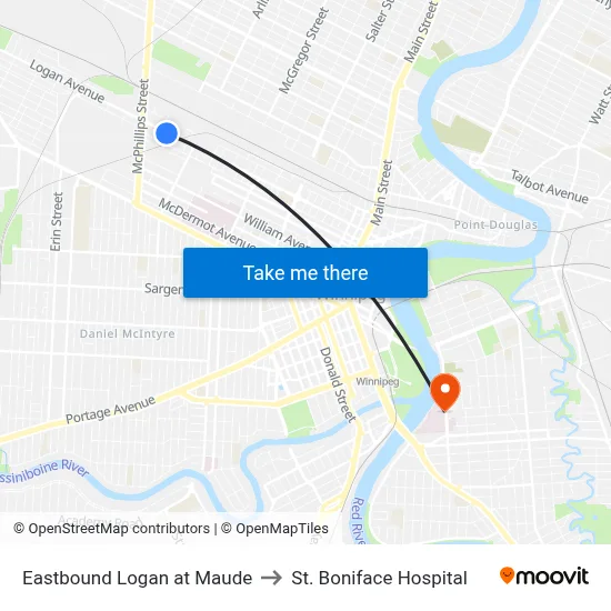 Eastbound Logan at Maude to St. Boniface Hospital map