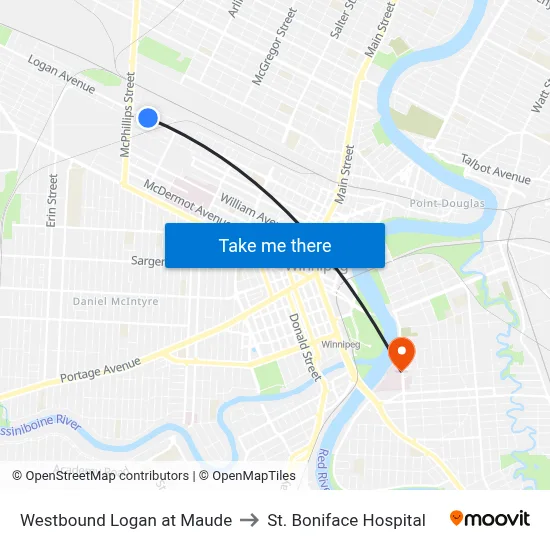 Westbound Logan at Maude to St. Boniface Hospital map