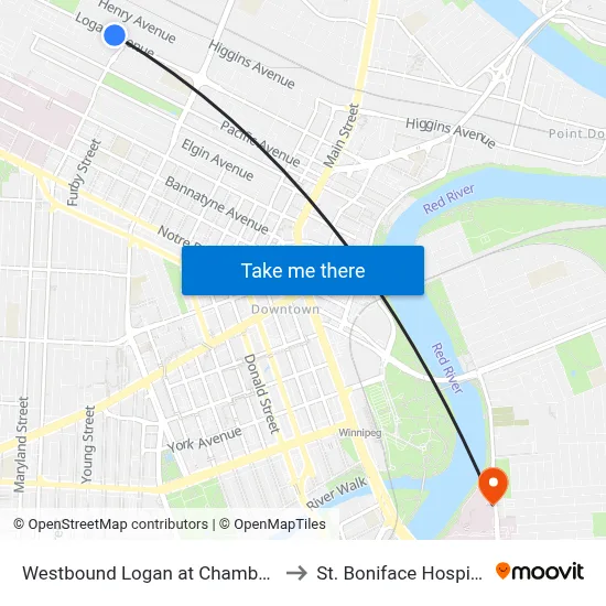 Westbound Logan at Chambers to St. Boniface Hospital map