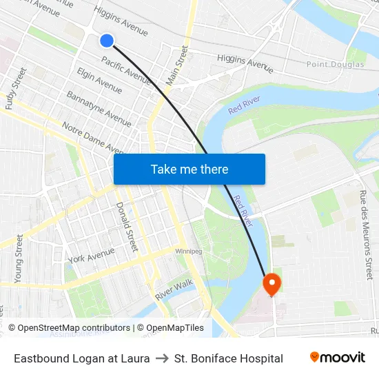 Eastbound Logan at Laura to St. Boniface Hospital map