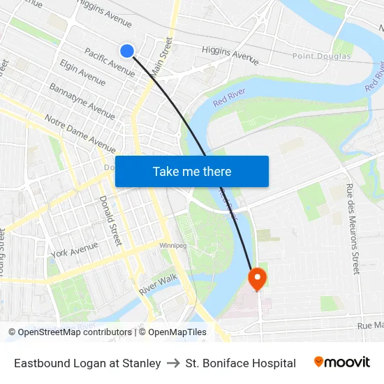 Eastbound Logan at Stanley to St. Boniface Hospital map