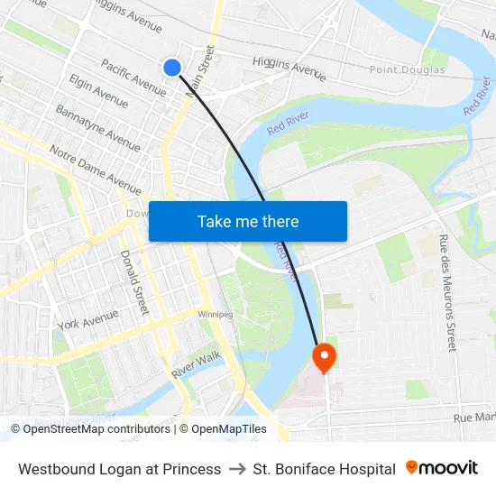 Westbound Logan at Princess to St. Boniface Hospital map