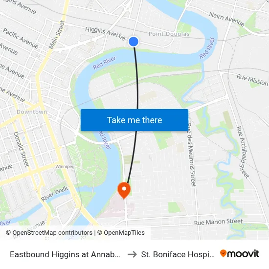 Eastbound Higgins at Annabella to St. Boniface Hospital map
