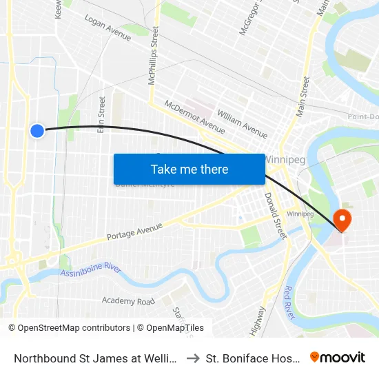 Northbound St James at Wellington to St. Boniface Hospital map