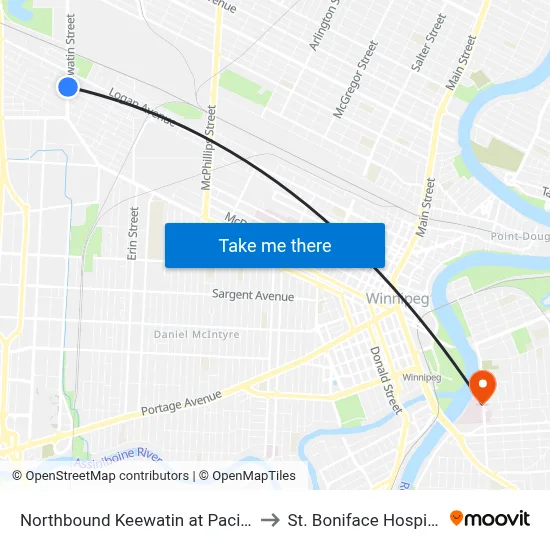 Northbound Keewatin at Pacific to St. Boniface Hospital map
