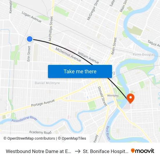 Westbound Notre Dame at Erin to St. Boniface Hospital map