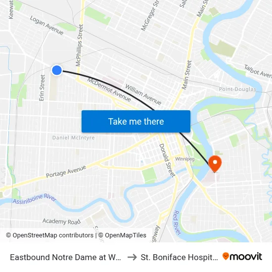 Eastbound Notre Dame at Wall to St. Boniface Hospital map