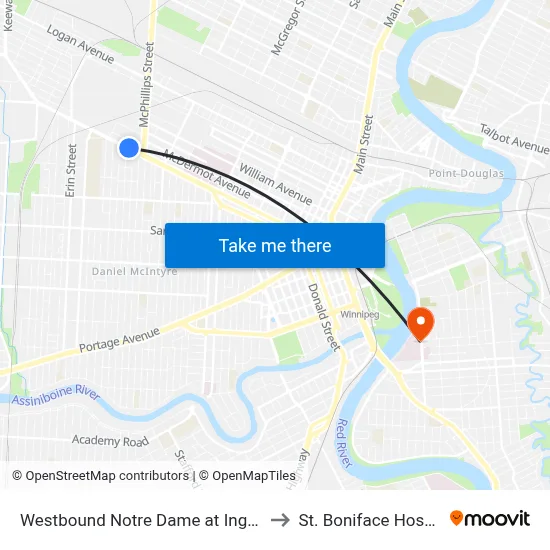 Westbound Notre Dame at Ingersoll to St. Boniface Hospital map