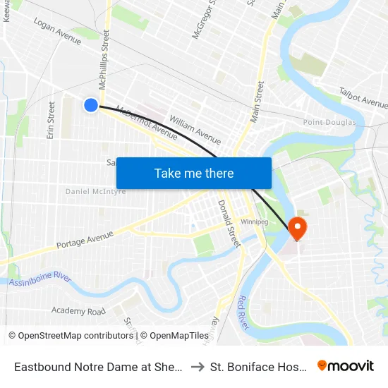 Eastbound Notre Dame at Sherburn to St. Boniface Hospital map