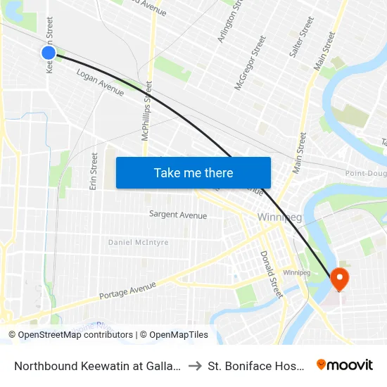 Northbound Keewatin at Gallagher to St. Boniface Hospital map