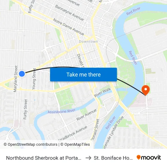 Northbound Sherbrook at Portage North to St. Boniface Hospital map