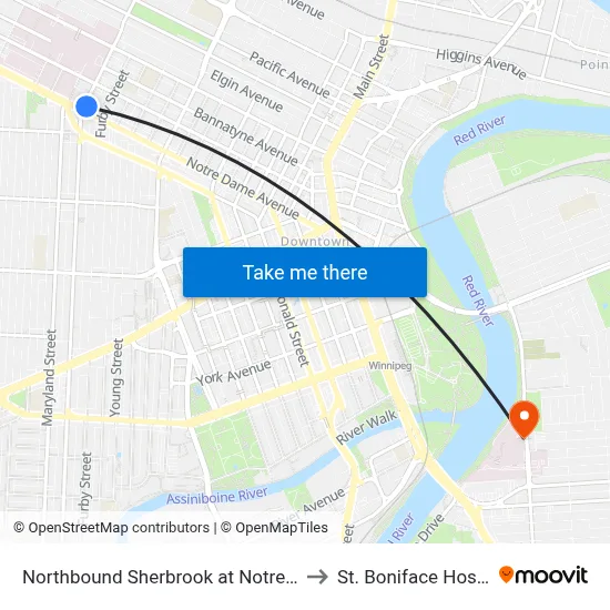 Northbound Sherbrook at Notre Dame to St. Boniface Hospital map