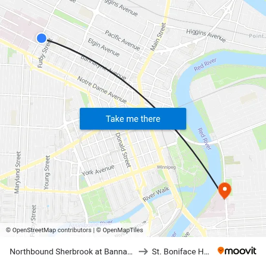 Northbound Sherbrook at Bannatyne (Hsc) to St. Boniface Hospital map