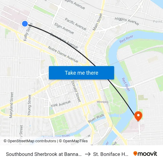 Southbound Sherbrook at Bannatyne (Hsc) to St. Boniface Hospital map