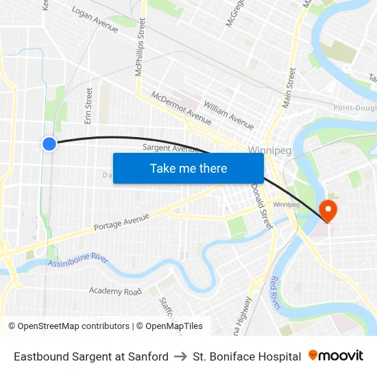 Eastbound Sargent at Sanford to St. Boniface Hospital map