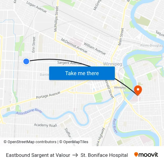 Eastbound Sargent at Valour to St. Boniface Hospital map