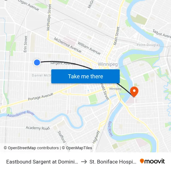 Eastbound Sargent at Dominion to St. Boniface Hospital map