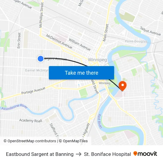 Eastbound Sargent at Banning to St. Boniface Hospital map