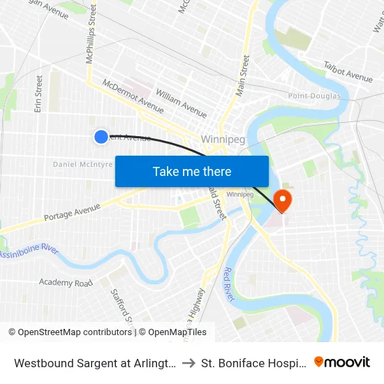 Westbound Sargent at Arlington to St. Boniface Hospital map