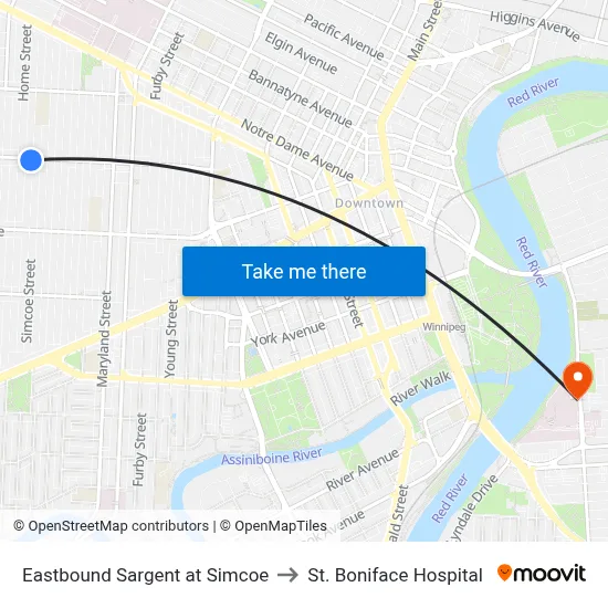 Eastbound Sargent at Simcoe to St. Boniface Hospital map