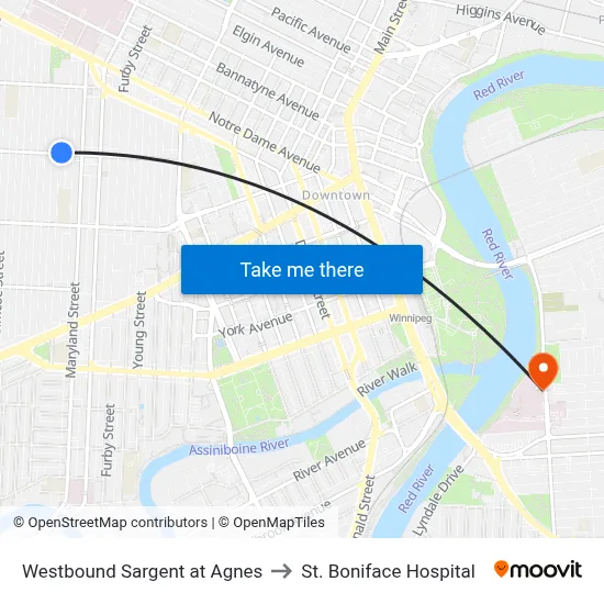 Westbound Sargent at Agnes to St. Boniface Hospital map