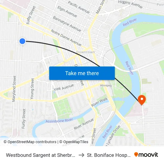Westbound Sargent at Sherbrook to St. Boniface Hospital map