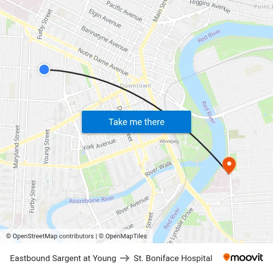 Eastbound Sargent at Young to St. Boniface Hospital map