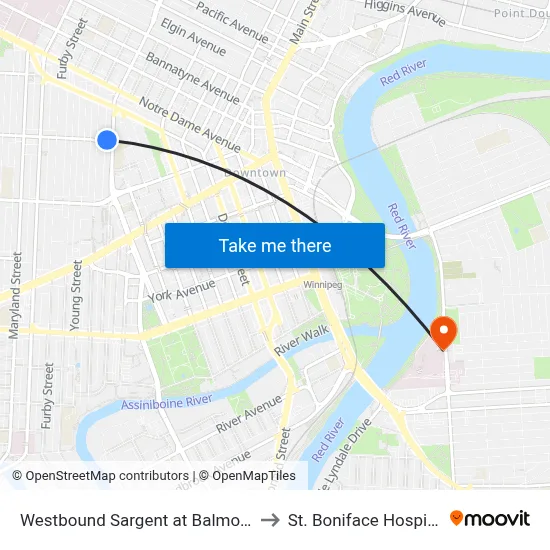 Westbound Sargent at Balmoral to St. Boniface Hospital map